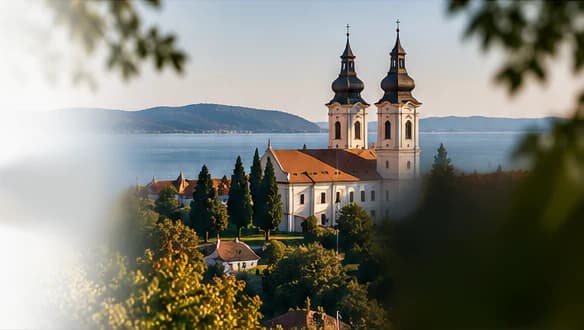 Gereja dua menara Biara Tihany di atas Danau Balaton, bermandikan cahaya senja keemasan
