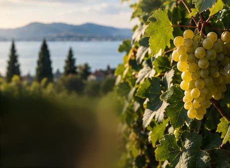 Tandan buah anggur putih dan daun anggur, dengan latar belakang deretan kebun anggur bermandikan cahaya matahari, pohon sipres, serta Danau Balaton berpadu perbukitan