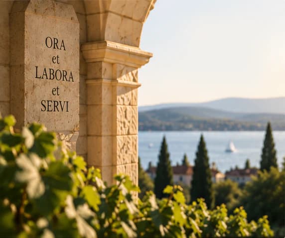 Lengkungan batu pasir dengan pilar berukir tulisan “ORA et LABORA et SERVI”, di latar depan terdapat daun-daun anggur, di belakangnya Danau Balaton dengan perahu layar, pohon-pohon sipres, dan rumah-rumah beratap merah