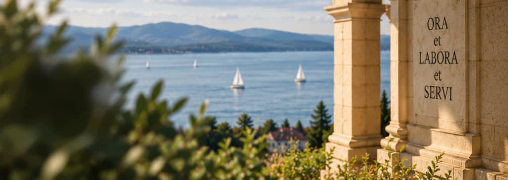 Pemandangan ke arah Danau Balaton dengan perahu-perahu layar dan perbukitan di seberang; dedaunan samar di sisi kiri, pilar-pilar batu pasir di sisi kanan dengan ukiran tulisan ORA et LABORA et SERVI.