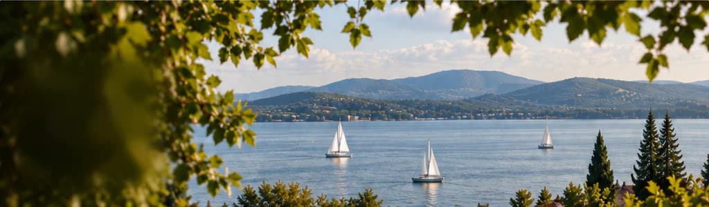 Danau Balaton dalam pendar cahaya sore, dengan perahu-perahu layar di atas air, perbukitan di seberang pantai, serta dedaunan dan pohon-pohon pinus bermandikan sinar matahari di latar depan