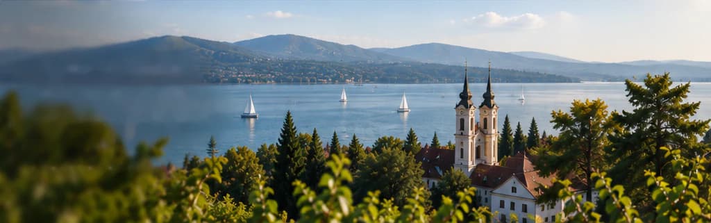 Panorama Danau Balaton dengan perahu layar, perbukitan di seberang pantai, dan Biara Tihany bermenara dua
