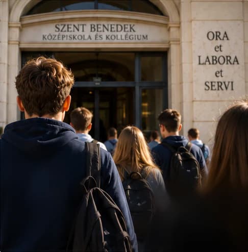 Para siswa dengan ransel berjalan menuju pintu masuk melengkung Sekolah Menengah dan Asrama Santo Benediktus di Balatonfüred