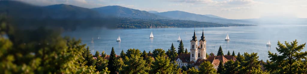 Panorama Danau Balaton dengan perahu layar, dan di antara pepohonan pinus tampak gereja biara bermenara dua