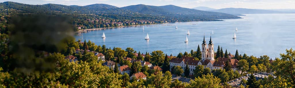 Pemandangan musim panas ke arah Danau Balaton: lereng bukit berhutan, rumah-rumah beratap merah, gereja barok bermenara dua, perahu layar di danau, dan perbukitan di seberang danau