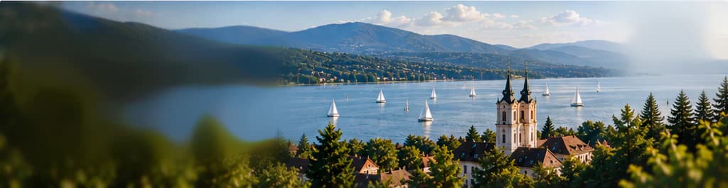 Pemandangan panorama ke arah Danau Balaton dari bukit berhutan: pohon pinus, atap merah, gereja dua menara, perahu layar di danau, serta perbukitan biru di seberangnya