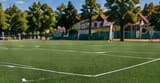 Lapangan olahraga rumput sintetis dengan pepohonan dan bangunan di belakangnya