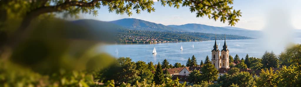 Pemandangan Danau Balaton dari Balatonfüred: perahu layar di danau, perbukitan di seberang, di sebelah kanan di antara pepohonan tampak gereja bermenara dua