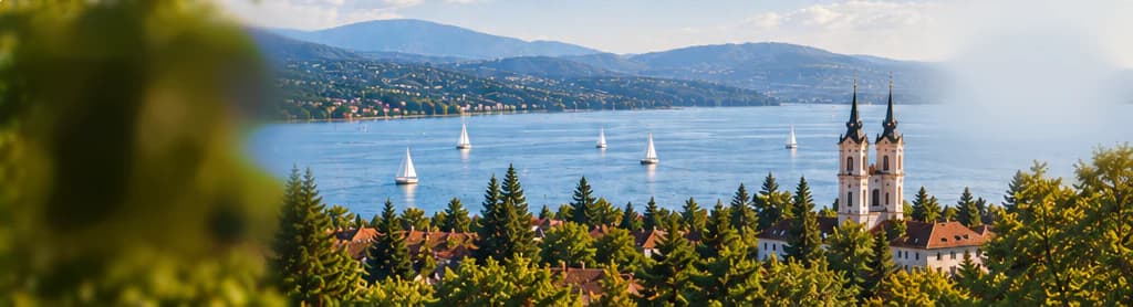 Panorama Danau Balaton dari lereng bukit berhutan: perahu layar di atas danau, perbukitan di seberang, pohon pinus dan atap-atap merah di latar depan, di sebelah kanan gereja dua menara Balatonfüred.