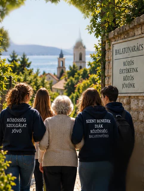 Empat siswa berseragam sweter sekolah berjalan bergandengan tangan dengan seorang wanita lansia menuju Balatonarács; di latar belakang tampak menara-menara gereja dan Danau Balaton, di sebelah kanan papan bertuliskan “Balatonarács – Nilai bersama kita, masa depan bersama kita”.