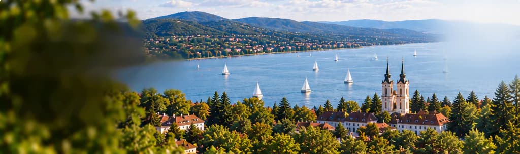 Panorama Balaton dari ketinggian: di latar depan pepohonan rimbun dan hutan, rumah-rumah beratap merah, gereja dengan dua menara, perahu layar di danau, di seberang danau tampak perbukitan berkabut dan permukiman tepi danau.