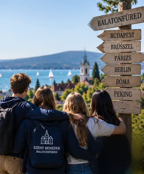 Empat siswa dari arah belakang, saling merangkul memandang ke arah Danau Balaton, salah satu tas punggung bertuliskan Szent Benedek Balatonfüred; di latar belakang tampak perahu layar, menara gereja, dan perbukitan, di sebelah kanan terdapat papan penunjuk arah menuju Balatonfüred, Budapest, Brussel, Paris, Berlin, Roma, dan Beijing.