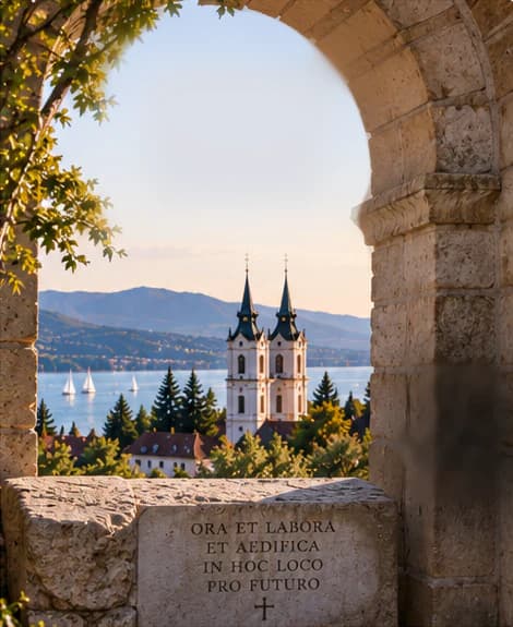 Pemandangan melalui lengkungan batu ke Danau Balaton saat matahari terbenam dan gereja barok bermahkota dua menara; di latar depan terdapat balok batu berukir bertuliskan “Ora et labora et aedifica in hoc loco pro futuro”