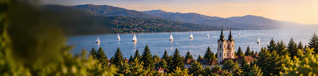 Pemandangan matahari terbenam ke arah Danau Balaton dengan perahu layar, perbukitan di seberang, dan gereja bermenara dua di antara pepohonan pinus