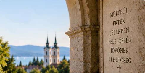 Pemandangan dari balik lengkungan batu yang disinari matahari menghadap ke gereja Benediktin bermenara ganda yang menjulang di atas Danau Balaton, di antara pohon pinus dan pohon rindang, berlatar danau dan perbukitan biru; di sebelah kanan pilar batu dengan ukiran semboyan DARI MASA LALU MENJADI NILAI – DI MASA KINI MENJADI TANGGUNG JAWAB – UNTUK MASA DEPAN MENJADI PELUANG beserta sebuah salib.