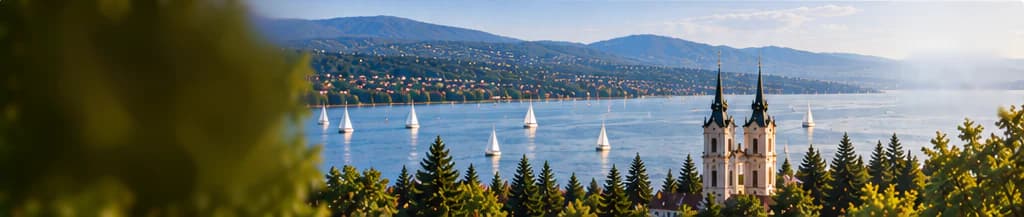 Pemandangan Balaton bermandikan cahaya sore keemasan: perahu-perahu layar putih di danau, permukiman dan perbukitan berhutan di seberang pantai, di sebelah kanan gereja dua menara menjulang di antara pepohonan pinus, di sebelah kiri dedaunan hijau yang membaur di latar depan.