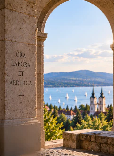 Pemandangan melalui lengkungan batu yang disinari matahari: pada pilar sebelah kiri terukir tulisan ORA LABORA ET AEDIFICA beserta sebuah salib, di baliknya terbentang Danau Balaton yang dipenuhi perahu layar, perbukitan berkabut, dan gereja biara barok bermenara dua di antara rimbun pepohonan hijau dan atap-atap merah