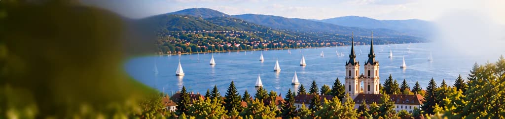 Panorama Balaton dalam sapuan cahaya hangat: perahu-perahu layar putih di atas danau biru, permukiman dan perbukitan berhutan di seberang, di latar depan di antara pepohonan pinus tampak gereja barok bermenara ganda dan bangunan biara beratap merah