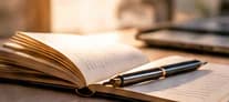Buku catatan terbuka dengan pulpen di atas meja kerja kayu dalam cahaya jendela yang hangat, dengan laptop buram di latar belakang