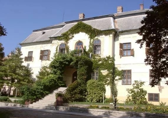 Az iskola épülete 1985-ben – szépiaszínű archív fénykép fenyőkkel és kerttel