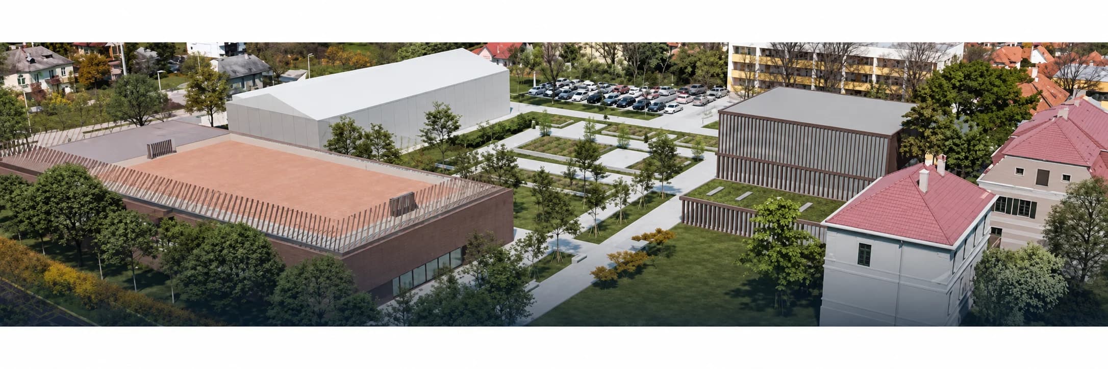 Balatoni panoráma egy vitorlással, előtérben fenyőkkel, a túlparton dombokkal és településsel